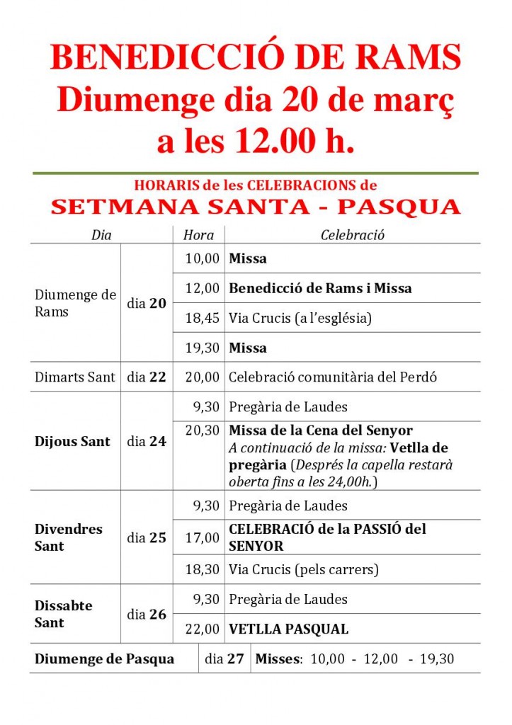 Horaris Setmana Santa - Pasqua 2016 (pels blogs)