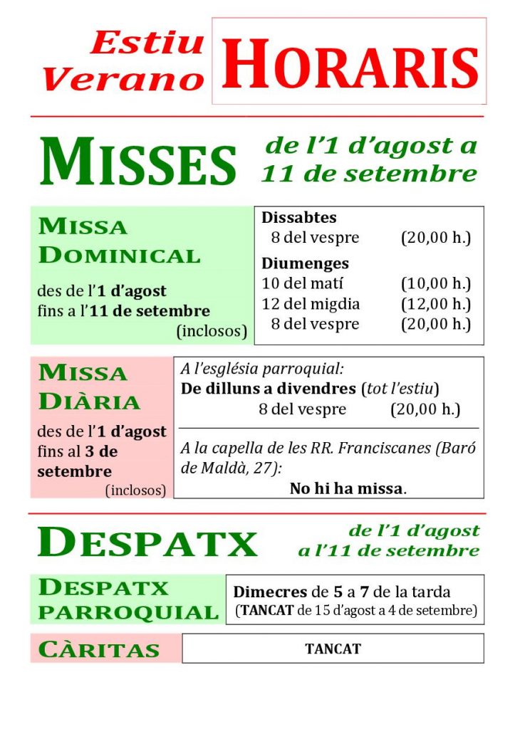 Horaris estiu 2016 (a partir d'agost)